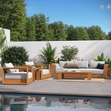 Tahoe Outdoor Patio Acacia Wood 5 Piece Furniture Set In Natural and Light Grey