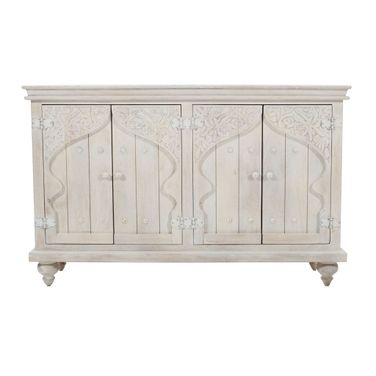 Taj 60 Inch Hand Carved Global Bohemian 4 Door Sideboard Cabinet In White Wash