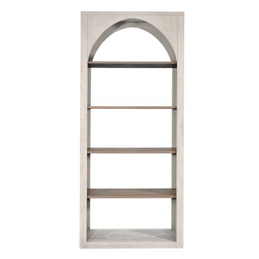 Tall Arched Wood Bookshelf with Open Shelving In Light Grey and Wheat