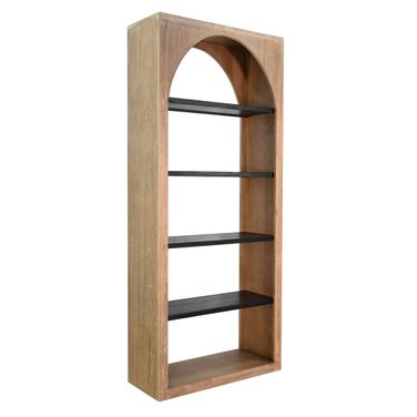 Tall Arched Wood Bookshelf with Open Shelving In Umbra and Oak Grove