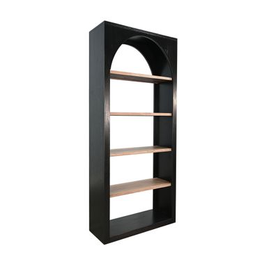 Tall Arched Wood Bookshelf with Open Shelving In Umbra and Oak Grove