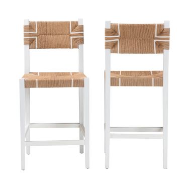 Talli Paper Loom and Mahogany Wood 2-Piece Barstool Set In White and Brown