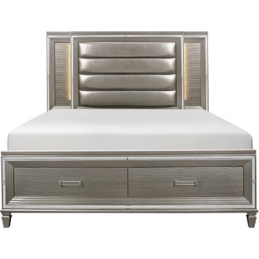 Tamsin Queen Platform Bed with Footboard Storage and LED Lighting In Gold and Silver