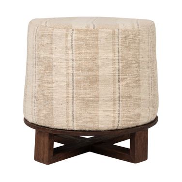 Taos Cotton Woven Round Ottoman Stool in Striped Upholstery with Dark Wood Base In Multicolor