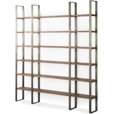 Taunton Medium Brown Wood With Antique Nickel Metal Frame 6 Tier Shelving Unit