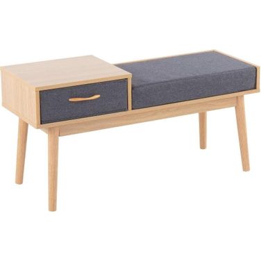 Telephone Contemporary Bench In Natural Wood And Grey Fabric With Pull-Out Drawer