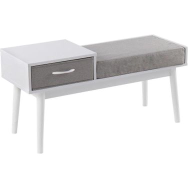 Telephone Contemporary Bench In White Wood And Grey Fabric With Pull-Out Drawer