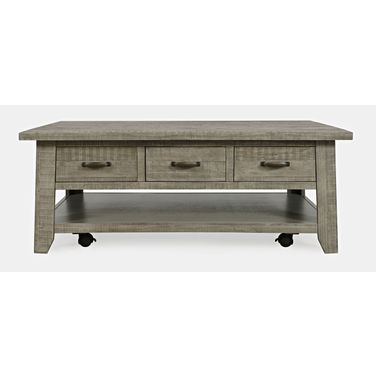 Telluride 50 Inch Coffee Table with Caster Wheels and Pull Through Drawers In Driftwood