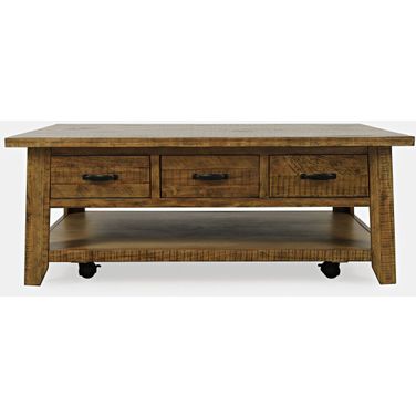Telluride 50 Inch Coffee Table with Caster Wheels and Pull Through Drawers In Gold