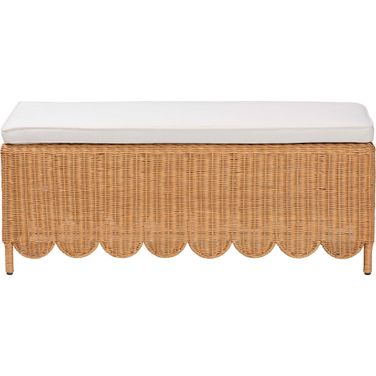 Teresa Scalloped Rattan Ottoman Bench In Light Honey and White