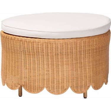 Teresa Scalloped Rattan Ottoman In Light Honey and White