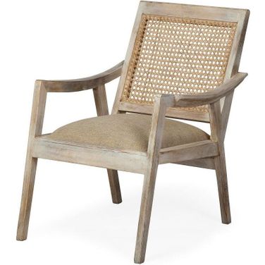 Teryn Cream Linen Seat And Natural Wooden Base With Mesh Back Accent Chair