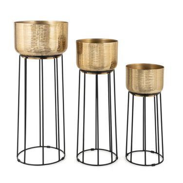 Thallo Metal Floor Planters Set of 3 In Gold and Black