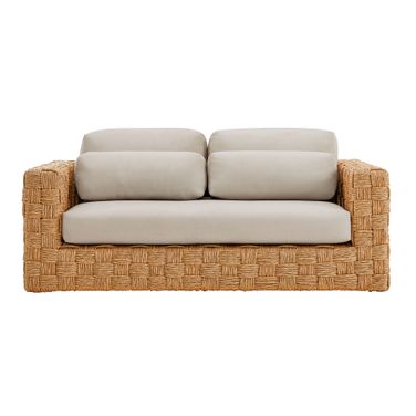 Thames Outdoor Patio Wicker Outdoor Patio Rattan Loveseat In Natural and Light Gray