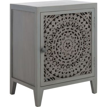 Thea Gray Walnut 1 Door Carved Nightstand