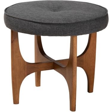 Theo Fabric and Wood Ottoman Footstool In Dark Grey and Walnut Brown
