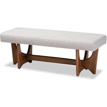Theo Mid-Century Modern Greyish Beige Fabric Upholstered Walnut Finished Bench