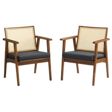Thera Vegan Leather and Cane Accent Armchairs Set of 2 In Walnut and Black