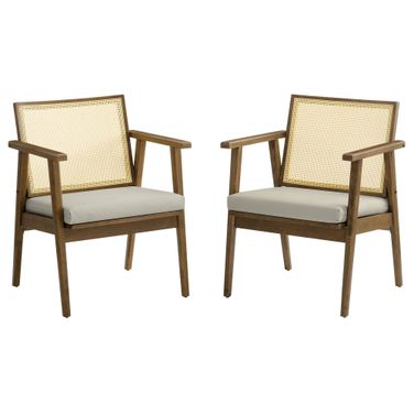 Thera Vegan Leather and Cane Accent Armchairs Set of 2 In Weathered Oak and Stone