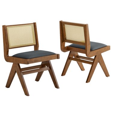 Thera Vegan Leather and Cane Dining Side Chairs Set of 2 In Walnut and Black