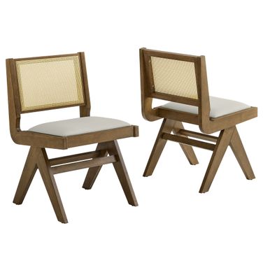 Thera Vegan Leather and Cane Dining Side Chairs Set of 2 In Weathered Oak and Stone