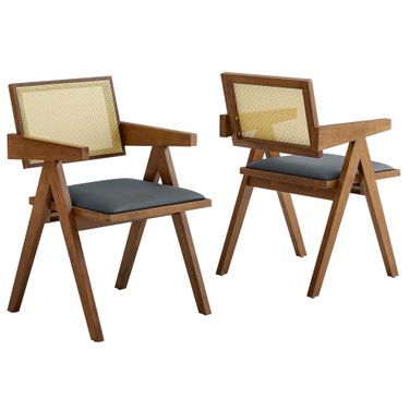 Thera Vegan Leather Cane Dining Armchairs Set of 2 In Walnut and Black