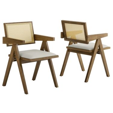Thera Vegan Leather Cane Dining Armchairs Set of 2 In Weathered Oak and Stone