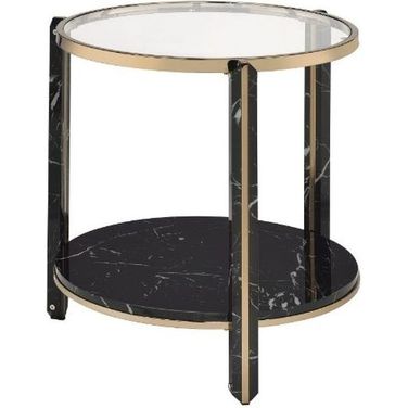 Thistle End Table In Clear Glass, Faux Black Marble Top And Champagne