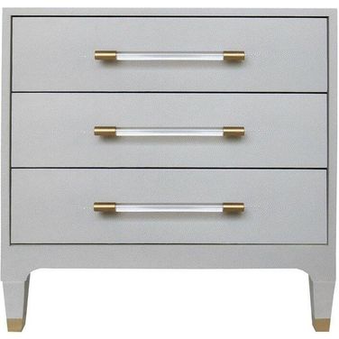 Three Drawer Side Table In Light Grey Shagreen With Antique Brass And Acrylic Hardware
