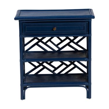 Tiaret Natural Rattan Nightstand with Drawer and Shelves In Blue