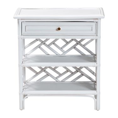 Tiaret Natural Rattan Nightstand with Drawer and Shelves In White