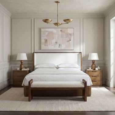 Tiberio Solid Wood and Linen Textured Fabric Bedroom Set In Brown and Cream