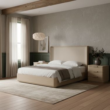 Tiberio Solid Wood and Linen Textured Fabric Bedroom Set In Natural and Cream