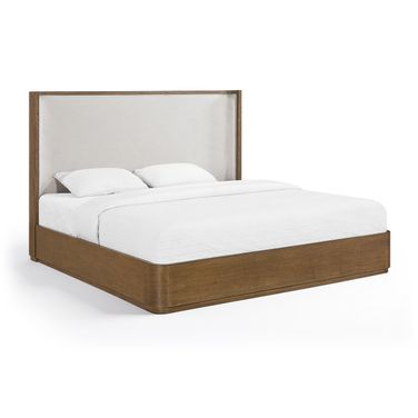 Tiberio Solid Wood and Linen Textured Fabric Queen Bed In Brown and Cream