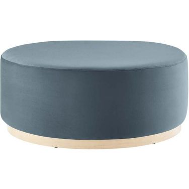 Tilden 38 Inch Performance Velvet Upholstered Large Round Ottoman In Blue and Natural