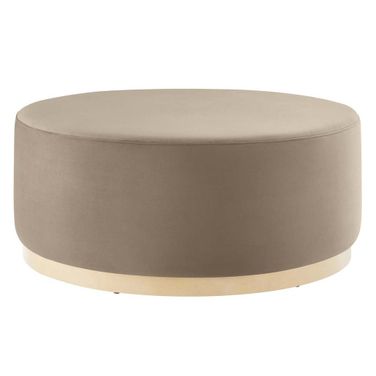 Tilden 38 Inch Performance Velvet Upholstered Large Round Ottoman In Taupe and Natural