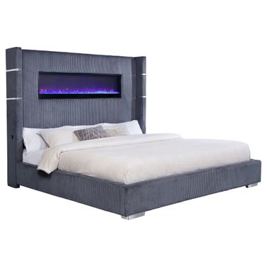 Tisdall Upholstered Eastern King Flame Visualizer Bed In Grey
