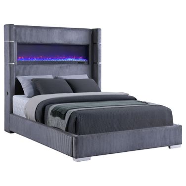 Tisdall Upholstered Queen Flame Visualizer Bed In Grey