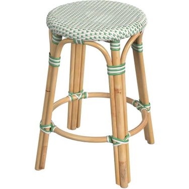 Tobias 24 Inch White And Green Rattan Round Counter Stool