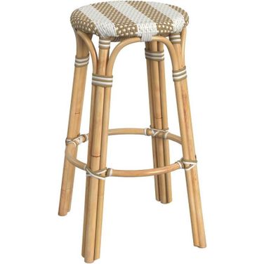 Tobias 30 Inch Beige Striped Round Rattan Bar Stool