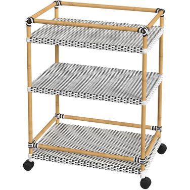 Tobias Outdoor 3-Tier Rattan and Metal Bar Cart In White and Black