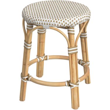 Tobias Rattan Round 18 Inch Stool In White and Tan Dot