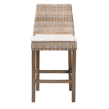 Toby Rattan and Mahogany Wood Counter Stool In Kubu Grey and Rustic Taupe