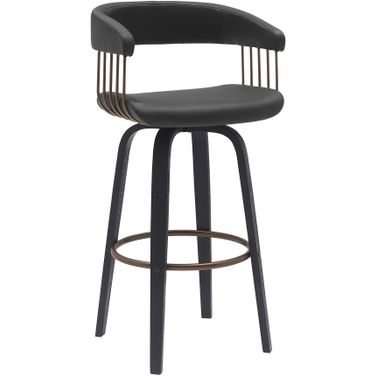 Topanga 26 Inch Swivel Black Wood Counter Stool In Black Faux Leather with Golden Bronze Metal