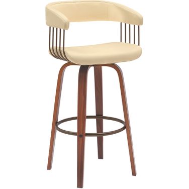 Topanga 26 Inch Swivel Walnut Wood Counter Stool In Cream Faux Leather with Golden Bronze Metal