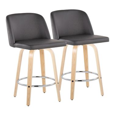 Toriano 24 Inch Fixed Height Leather Counter Stool Set of 2 In Grey and Chrome