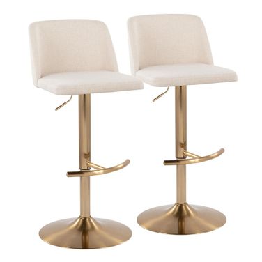 Toriano Fabric Adjustable Barstool Set of 2 In Cream and Gold