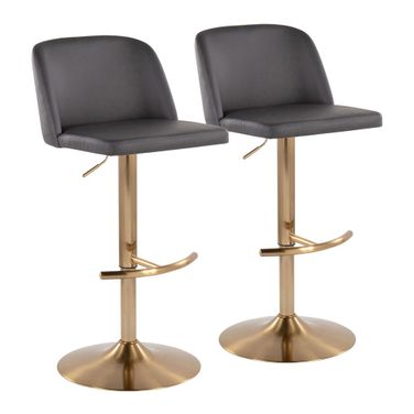 Toriano Leather Adjustable Barstool Set of 2 In Grey and Gold