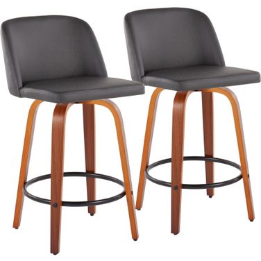 Toriano Fixed-Height Counter Stool Set of 2 in Walnut Wood with Round Black Footrest and Grey Faux Leather