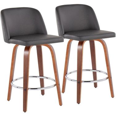 Toriano Fixed-Height Counter Stool Set of 2 in Walnut Wood with Round Chrome Footrest and Grey Faux Leather